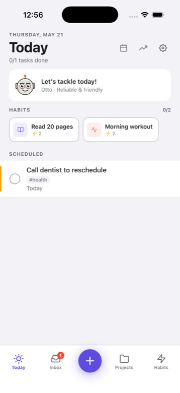 Cozydo app — Today tab with habits and scheduled tasks